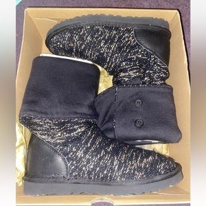 UGG classic cardy sequins black gold boots Size 7 new with box.